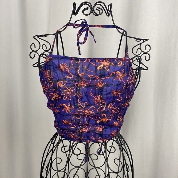 Anthropologie Staring at Stars Purple Floral Halter Wrap Crop Top - Size Large - Picture 2 of 6